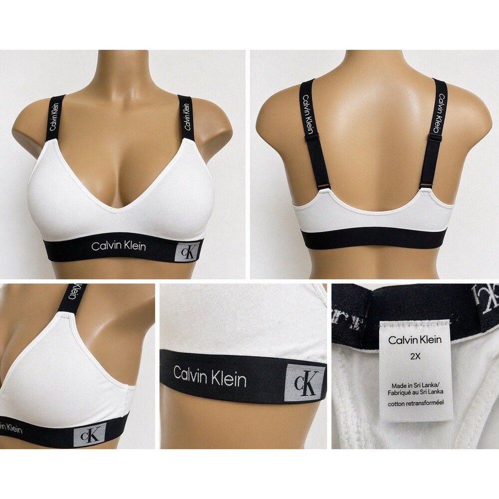 CalvinKlein Bra 2X White Black Logo Strap Wireless Bralette CK Comfort Stretch